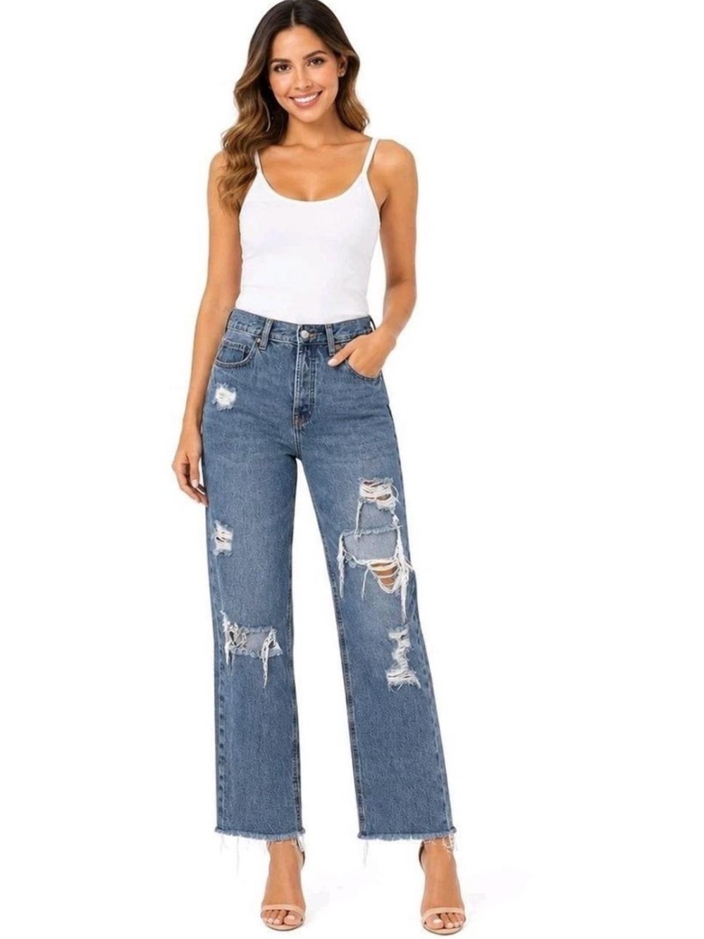 Old Navy Distressed Denim jeans Extra High Rise Straight baggy Blue pants 10